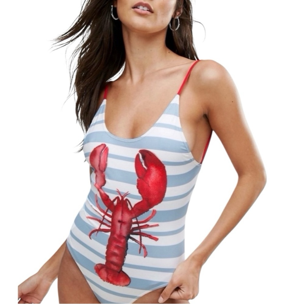 Women's One Piece Lobster and Stripes Scoop Neck Low Back Swimsuit Medium NWOT
